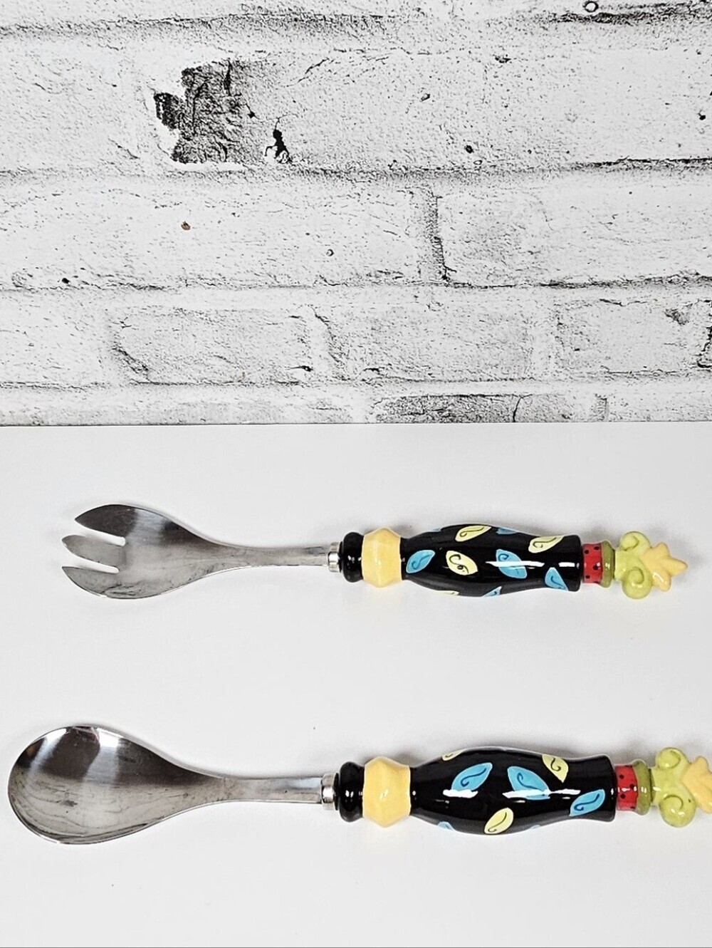 Hand Painted Ceramic Handle Salad Serving Spoon Fork Set 13.5 Inch